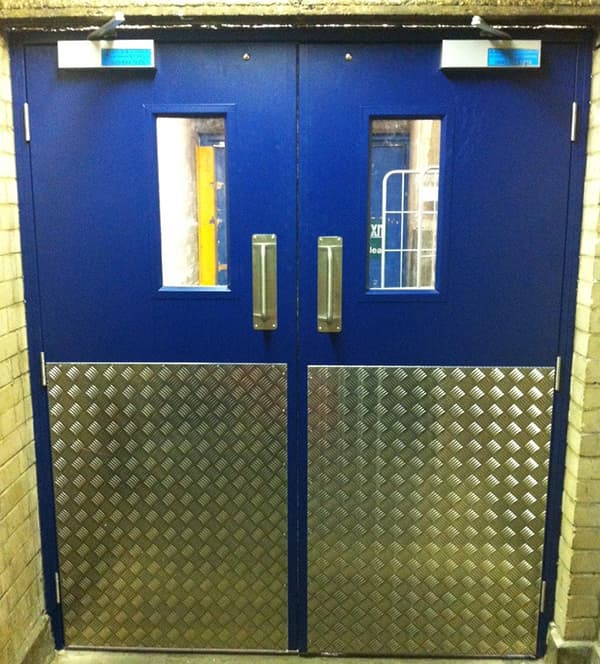 Steel Door Set-Double-Half Chequer Plate-Vision Panel-Outside